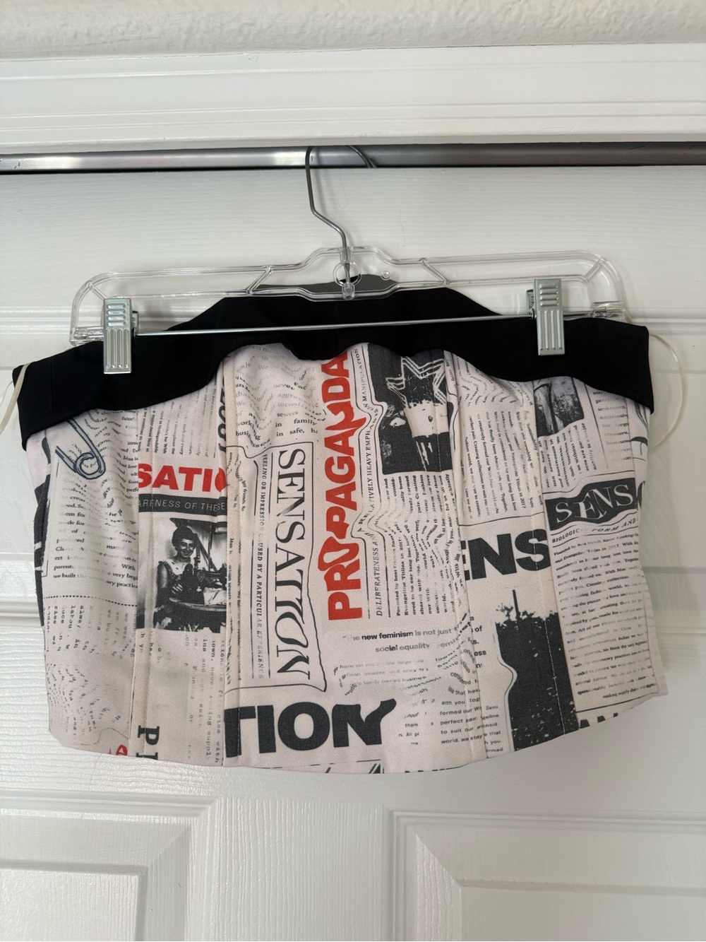 With Jean Black and White Newspaper-Print Strapless Tube Top with Red Accent